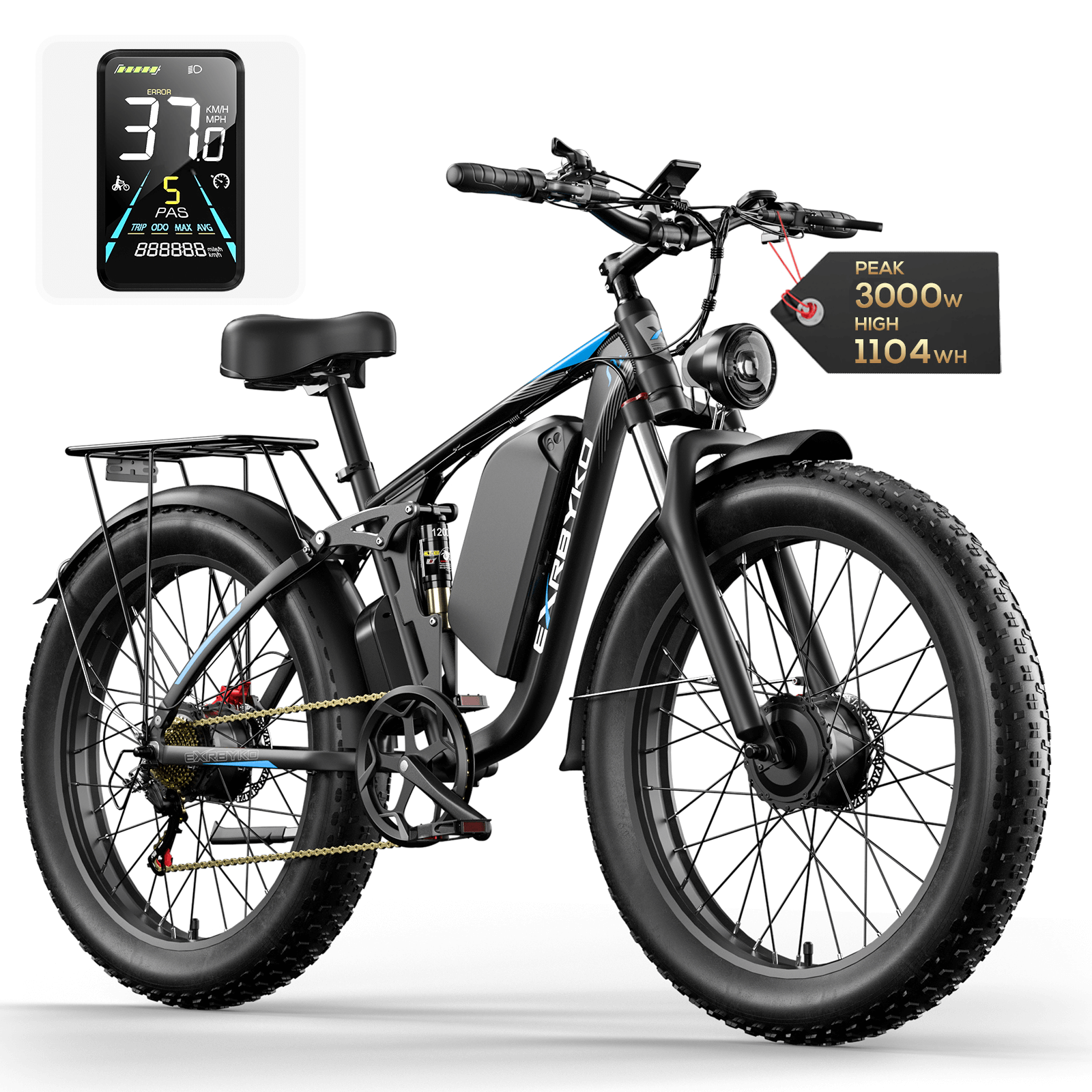 EXRBYKO EX-R05 3000W Peak Dual Motor 26" Full Suspension Fat Tire Electric Bike-1