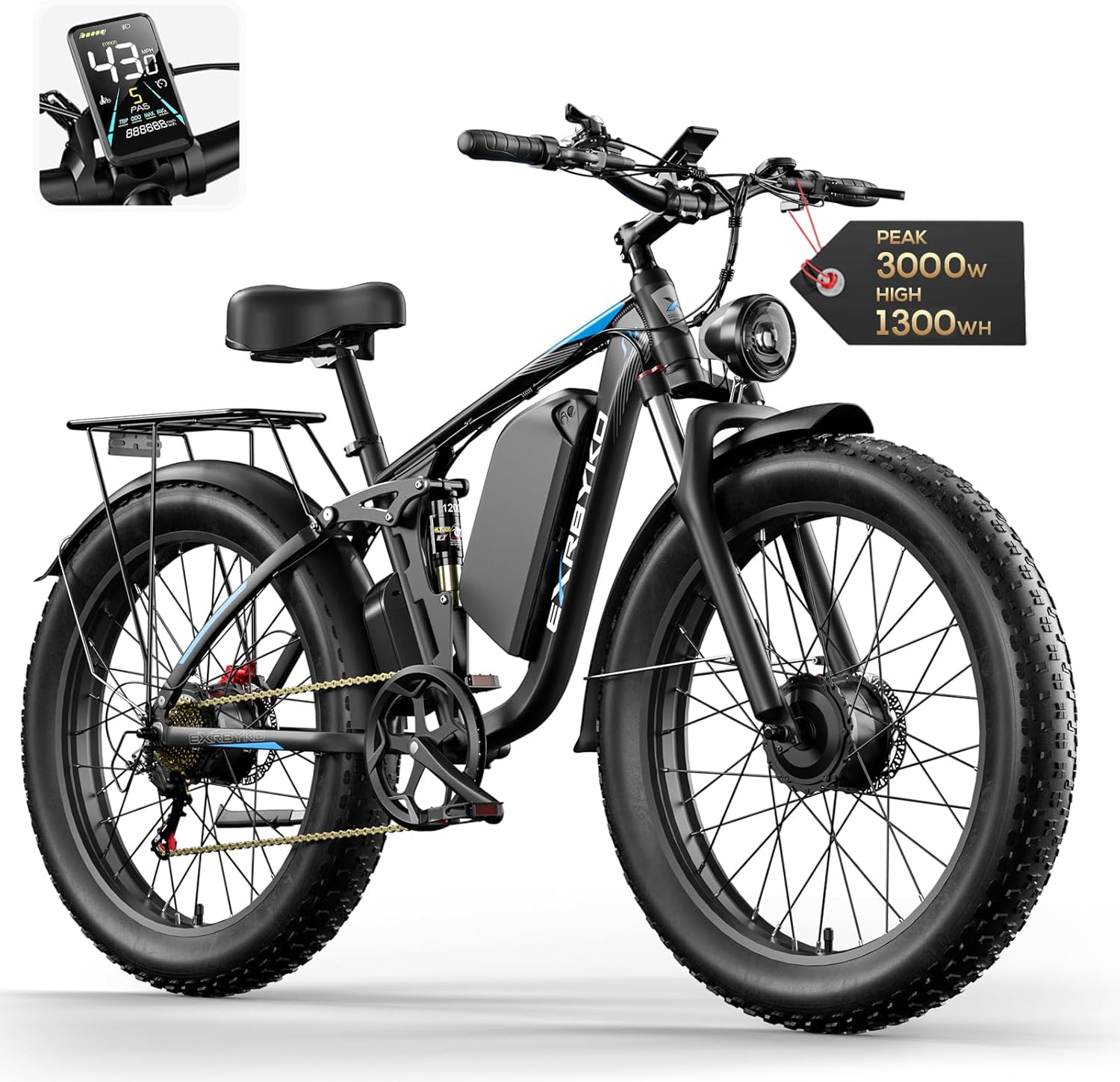 EDIKANI 26" Full Suspension 3000W Peak Dual Motor Fat Tire Electric Bike